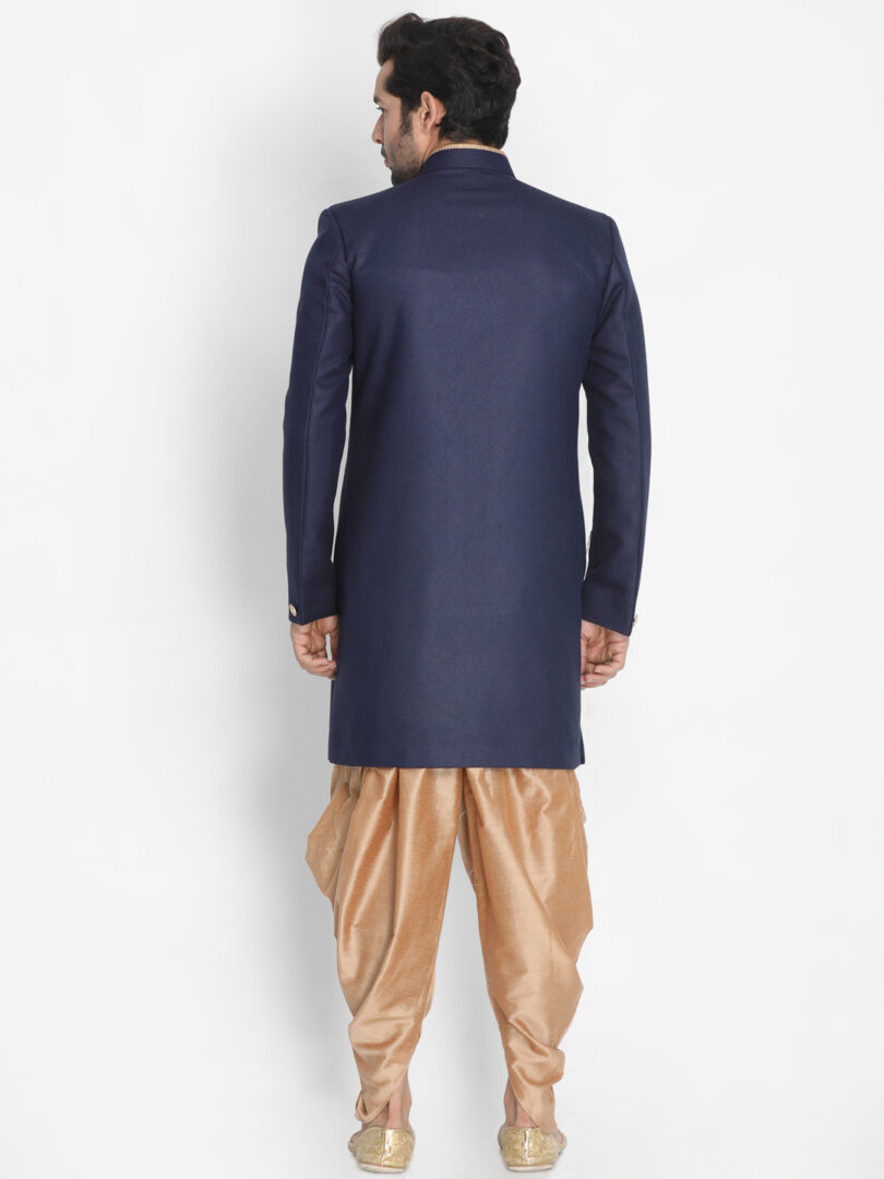 Men's Dark Blue Polyester Lurex Blend Sherwani Set
