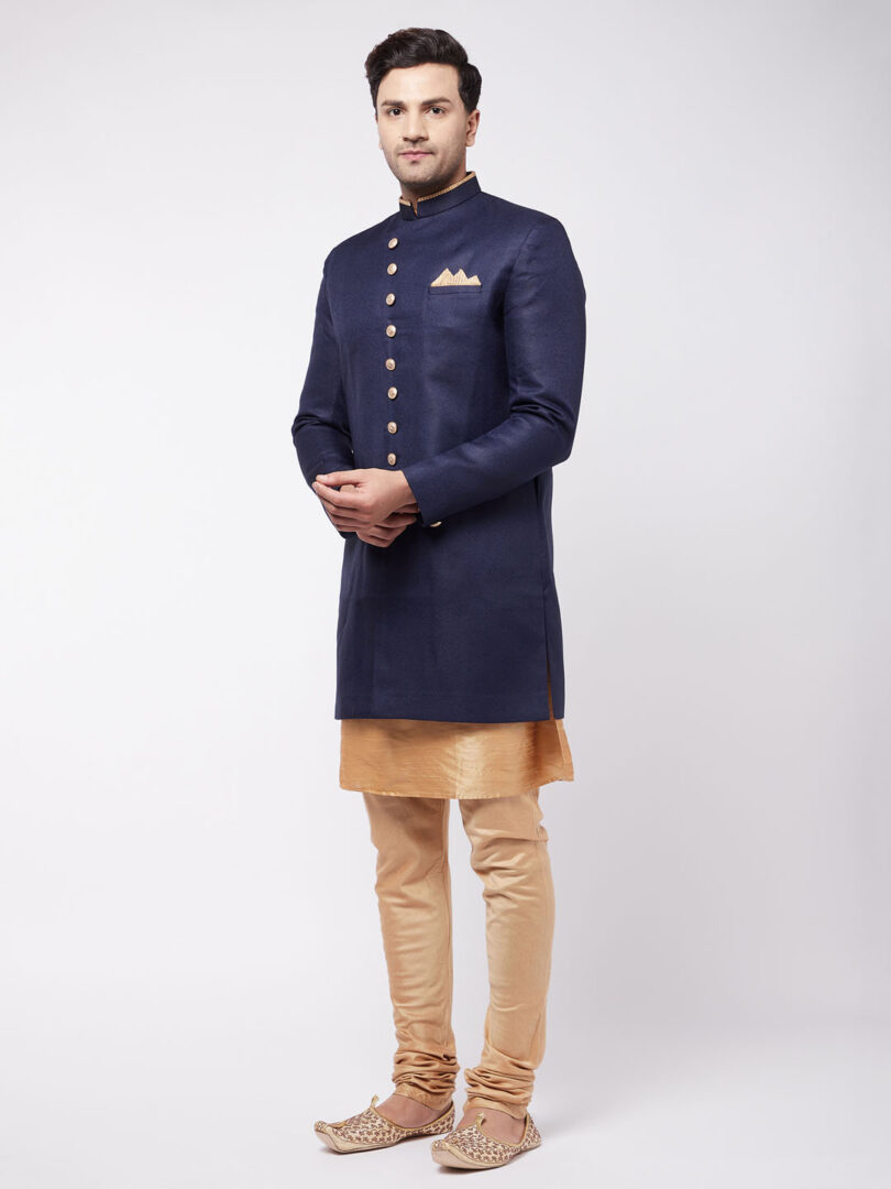 Men's Navy Blue And Rose Gold Silk Blend Sherwani Set