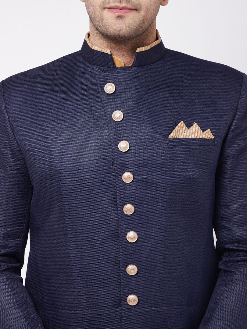 Men's Navy Blue And Rose Gold Silk Blend Sherwani Set