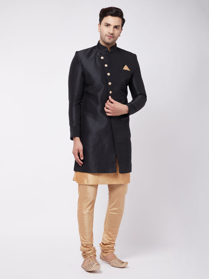 Men's Black And Rose Gold Silk Blend Sherwani Set