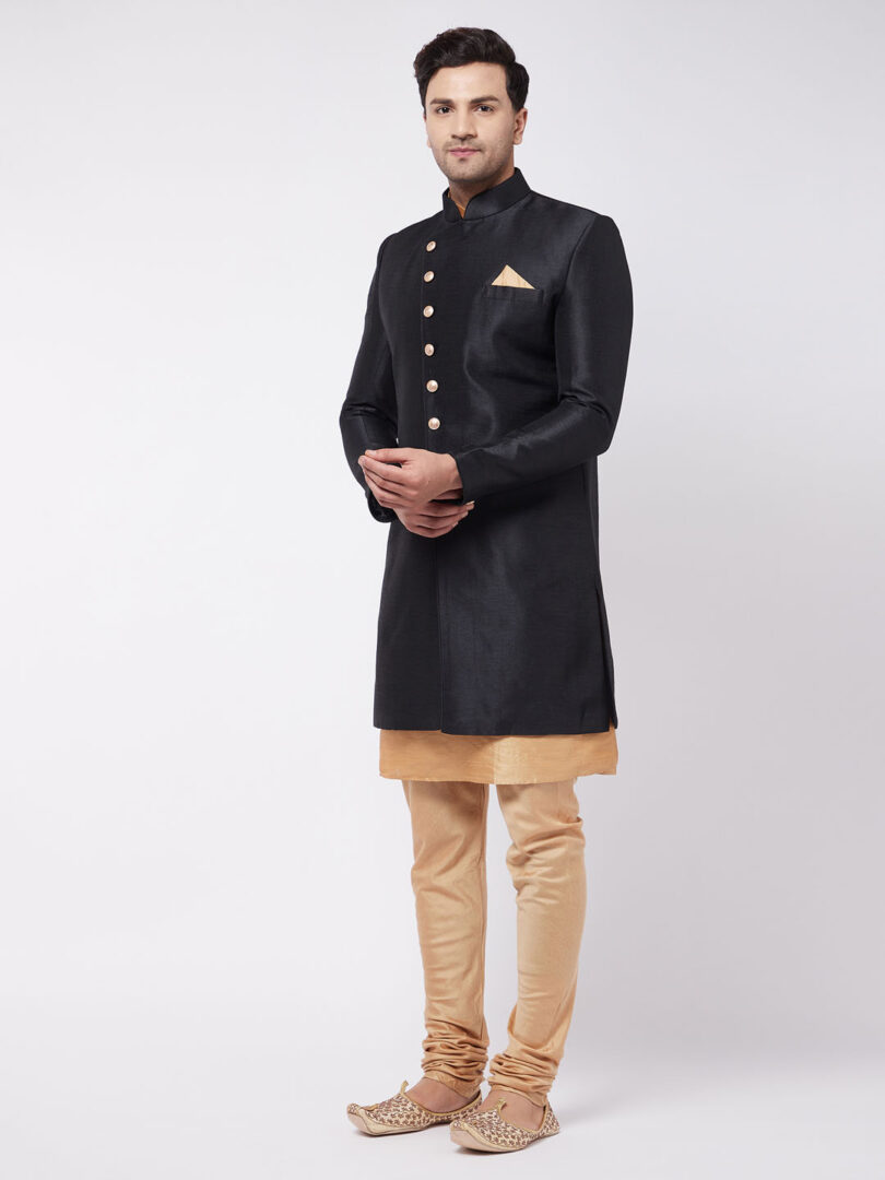 Men's Black And Rose Gold Silk Blend Sherwani Set