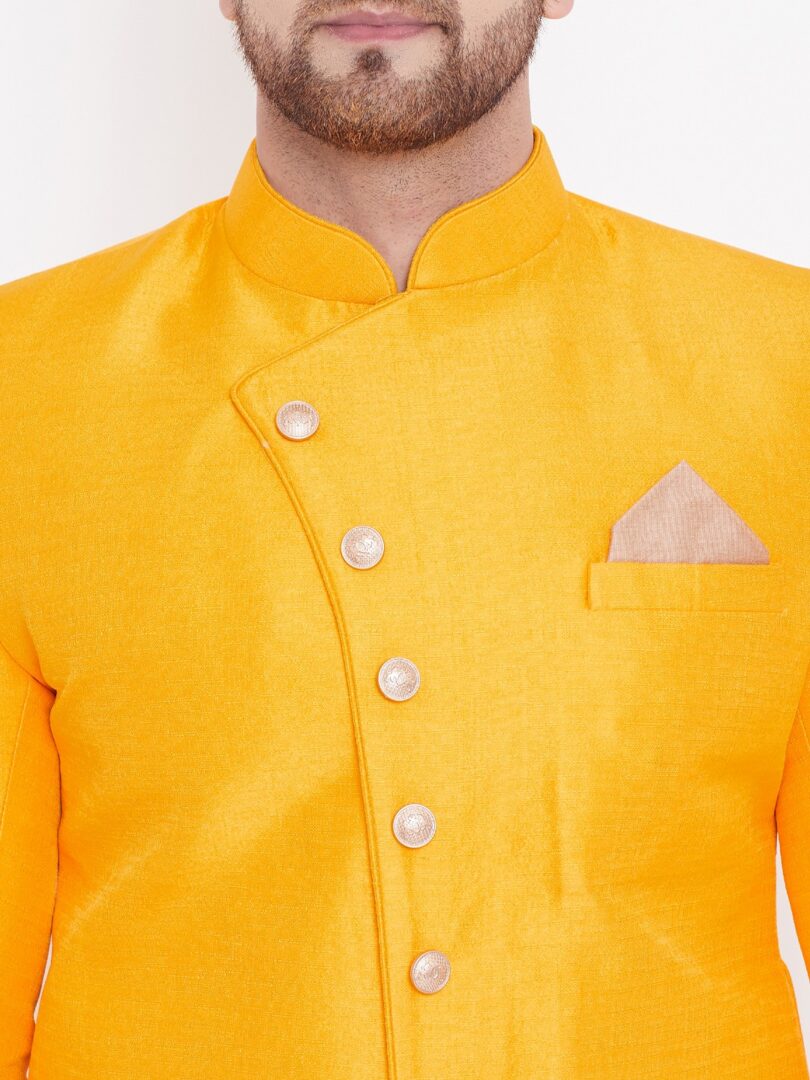 Men's Mustard And Rose Gold Silk Blend Sherwani Set