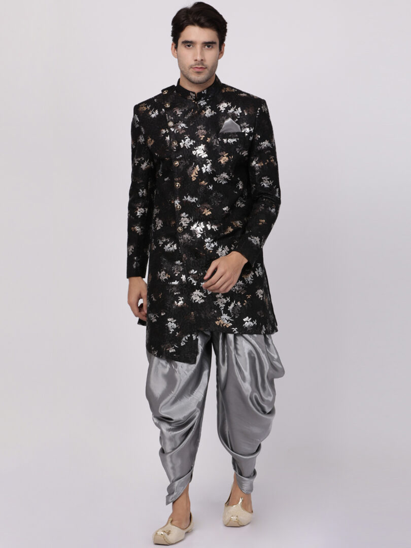 Men's Black Polyester Lurex Blend Sherwani Set