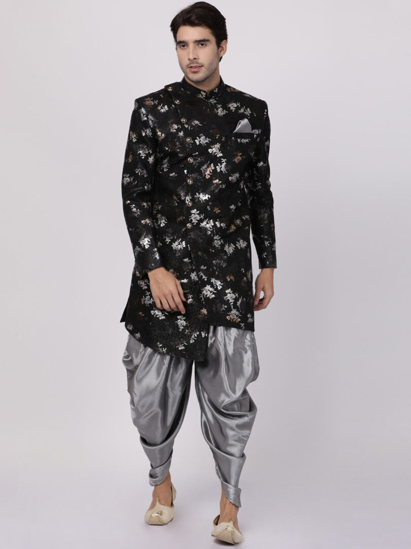 Men's Black Polyester Lurex Blend Sherwani Set