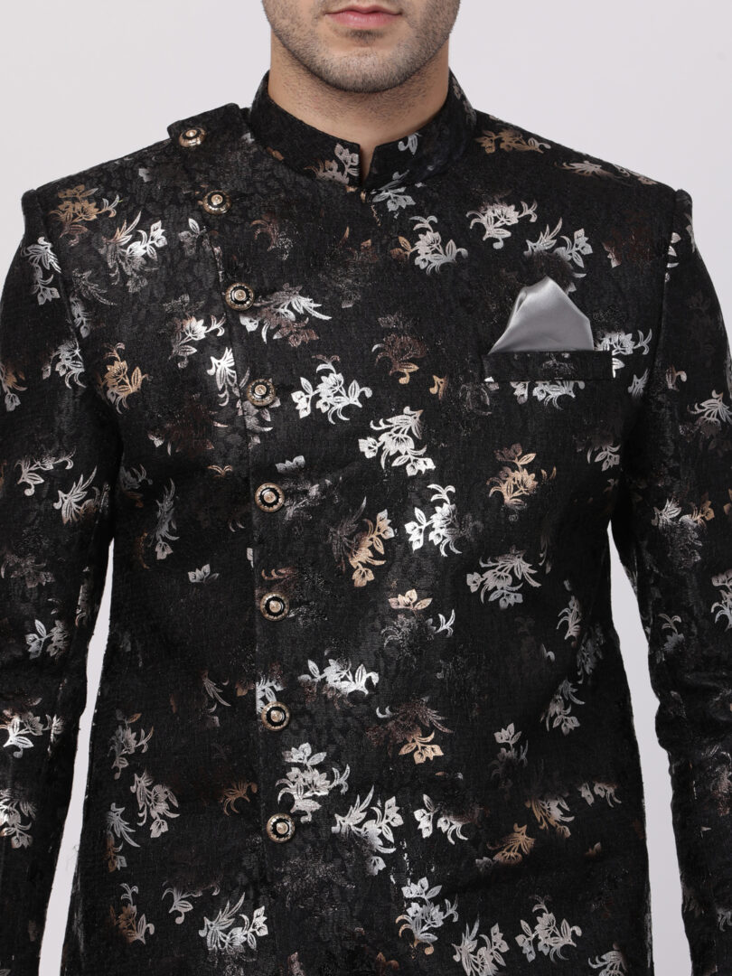 Men's Black Polyester Lurex Blend Sherwani Set