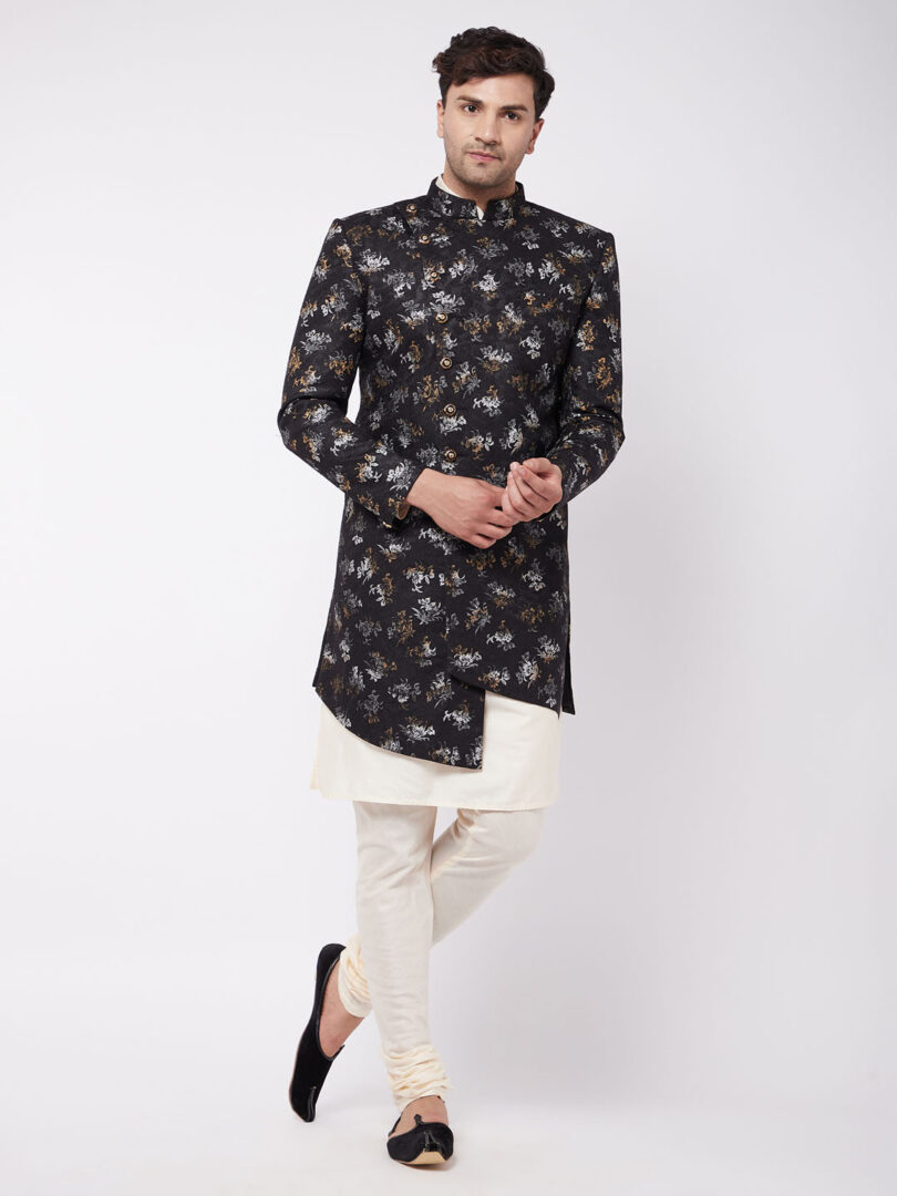 Men's Black And cream Polyester Lurex Blend Sherwani Set