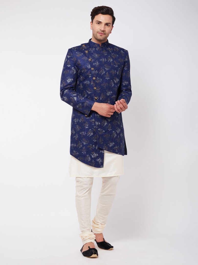 Men's Blue And cream Polyester Lurex Blend Sherwani Set
