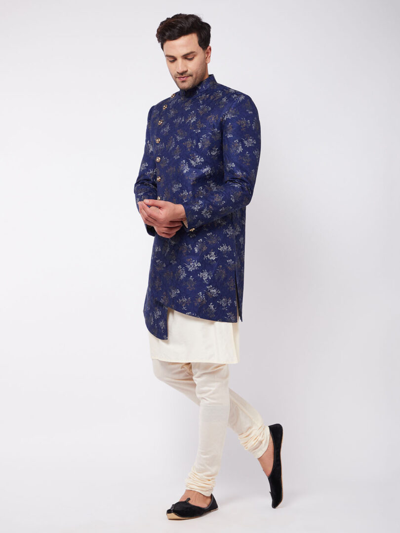 Men's Blue And cream Polyester Lurex Blend Sherwani Set