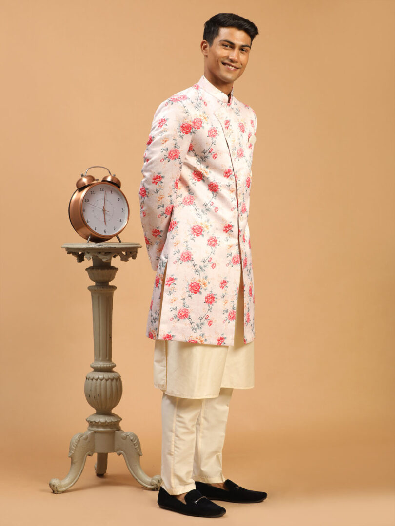 Men's Multicolor Base Pink Silk Blend Sherwani Set