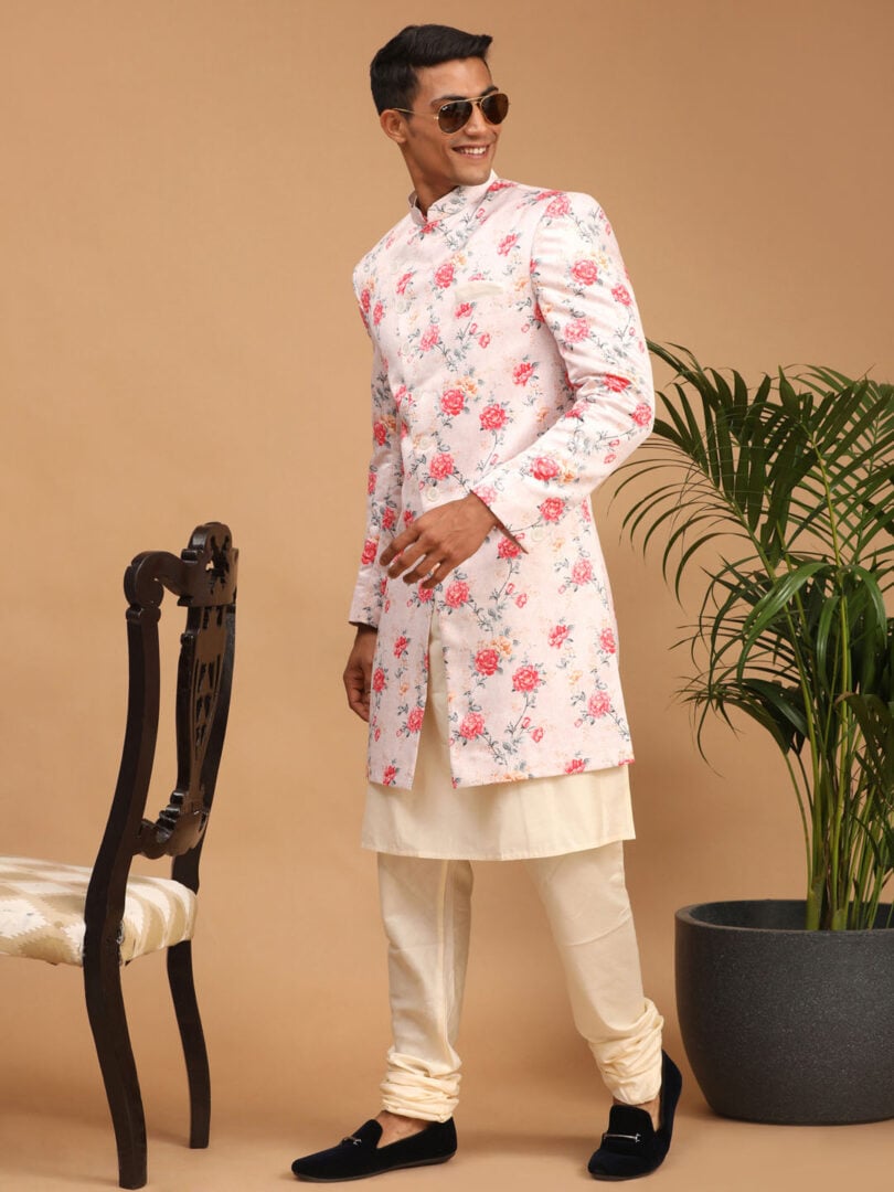Men's Multicolor Base Pink Silk Blend Sherwani Set