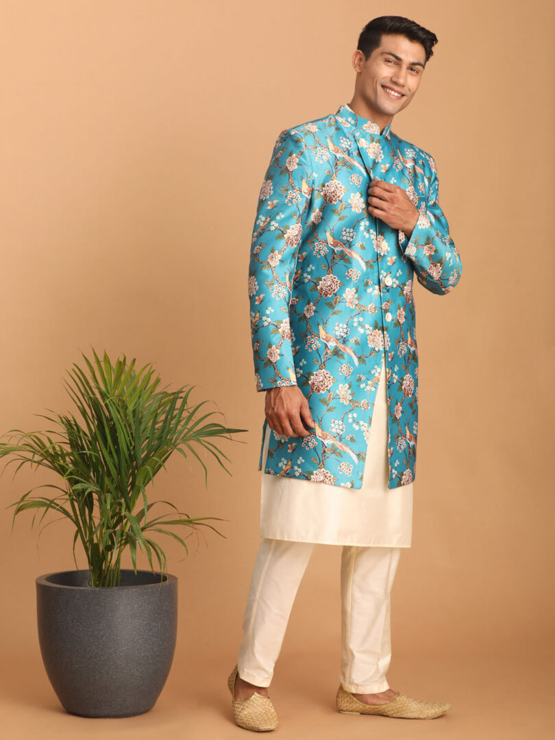 Men's Multicolor Base Blue Silk Blend Sherwani Set