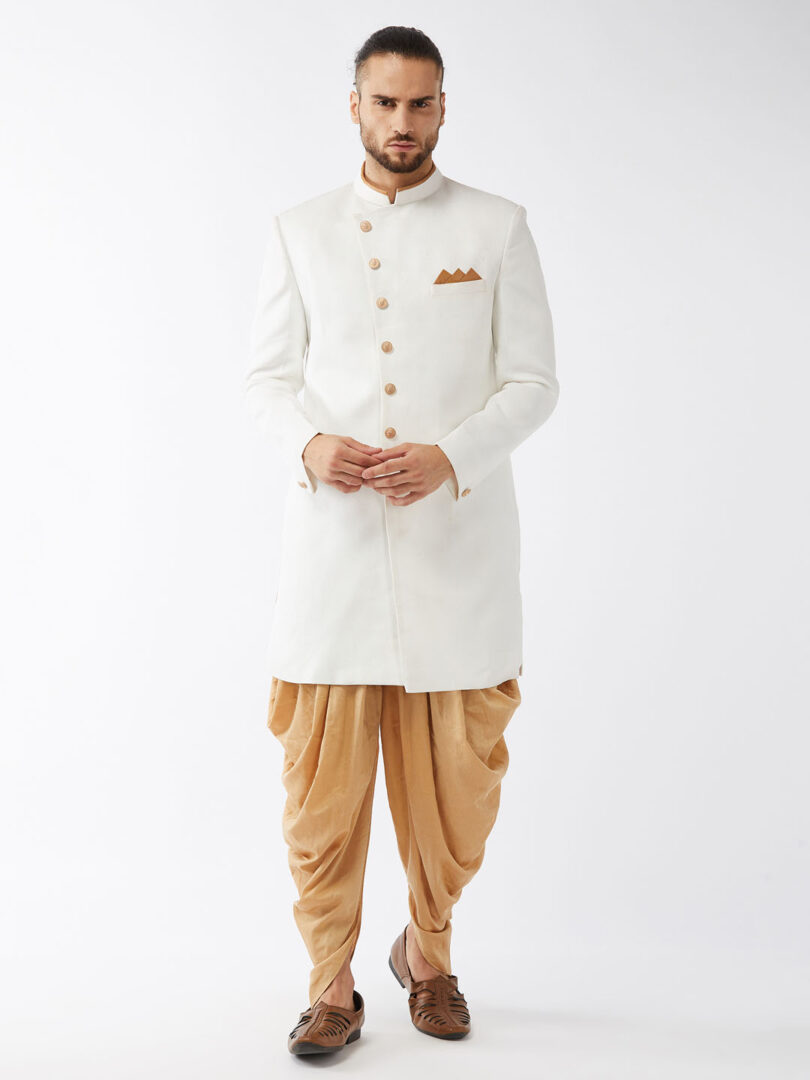 Men's White And Rose Gold Polyester Lurex Blend Sherwani Set