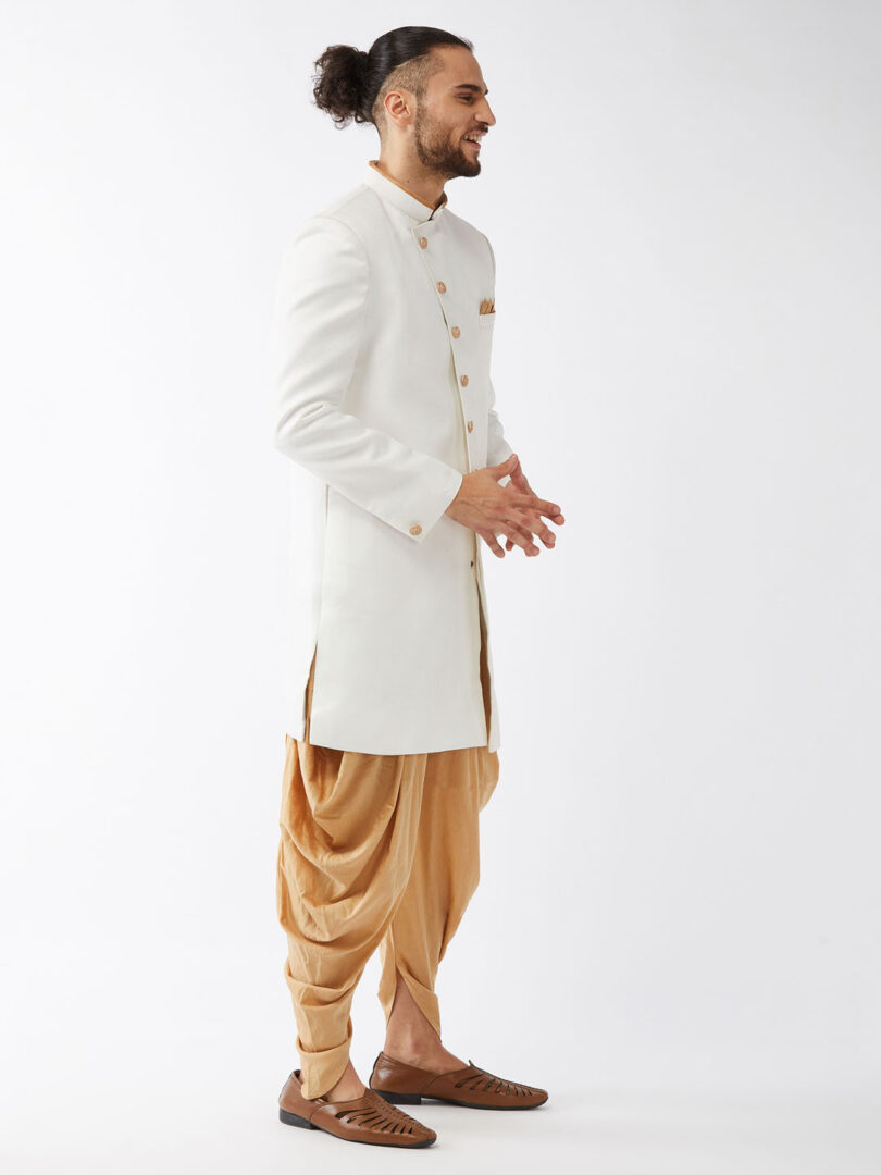 Men's White And Rose Gold Polyester Lurex Blend Sherwani Set