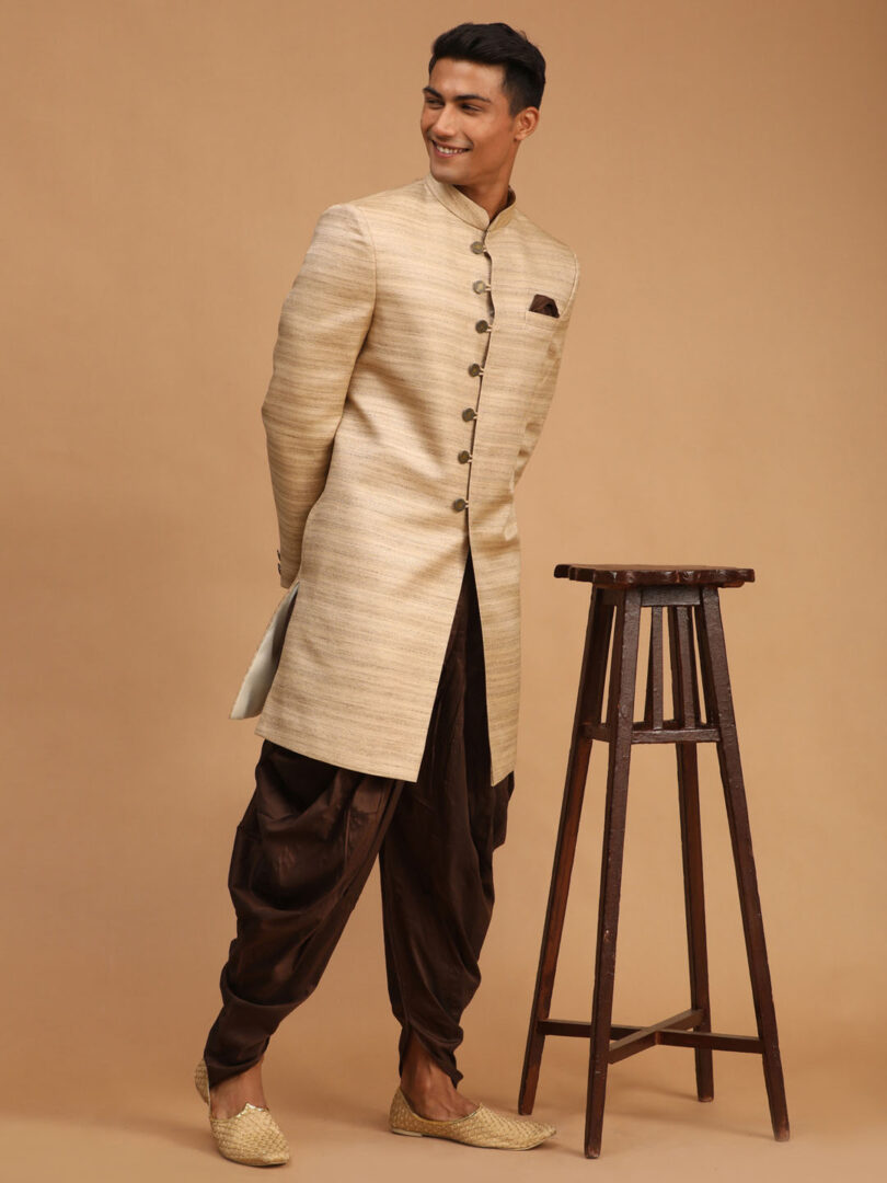 Men's Beige And Brown Silk Blend Sherwani Set