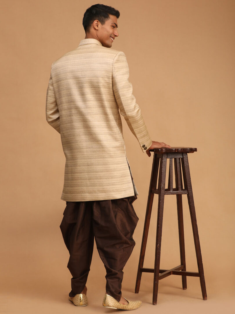 Men's Beige And Brown Silk Blend Sherwani Set