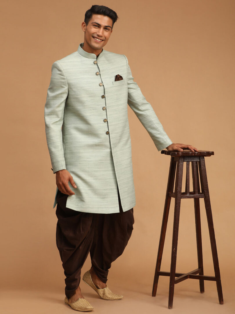 Men's Mint Green And Brown Silk Blend Sherwani Set