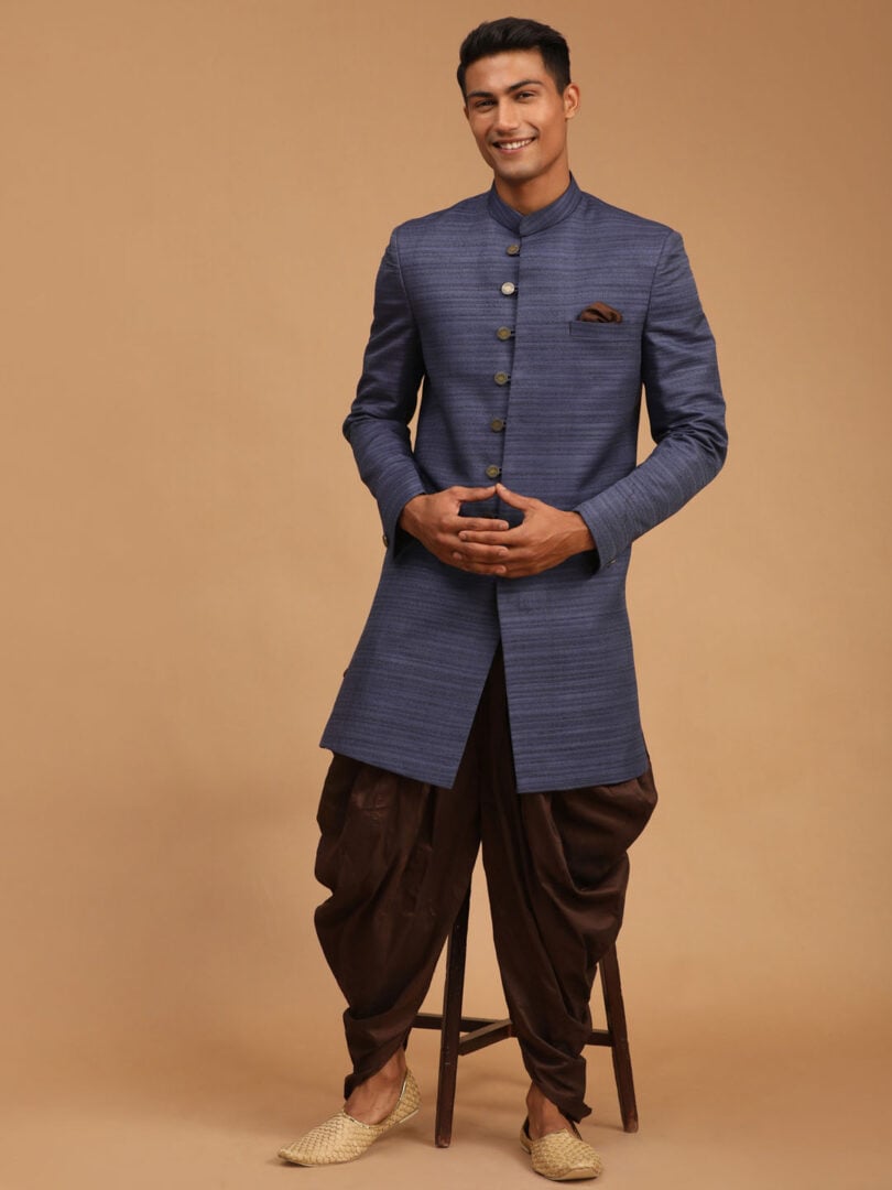 Men's Navy Blue And Brown Silk Blend Sherwani Set