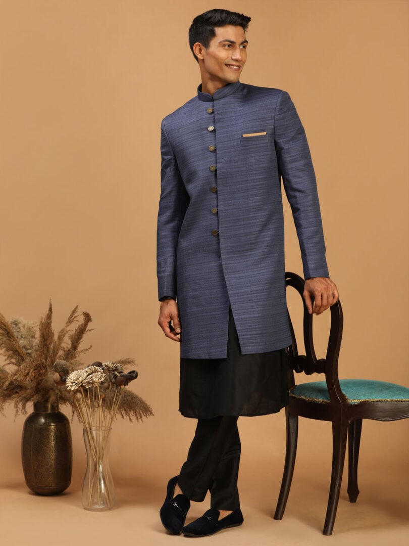 Men's Black And Navy Blue Viscose Sherwani Set