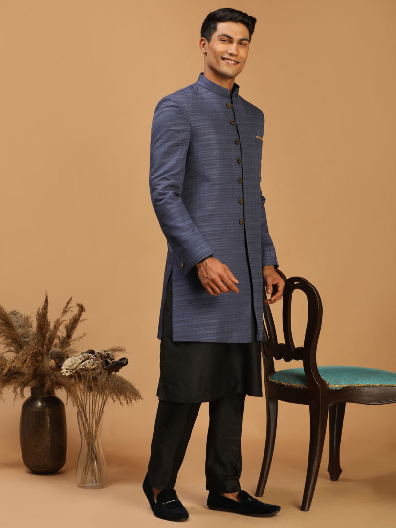 Men's Black And Navy Blue Viscose Sherwani Set