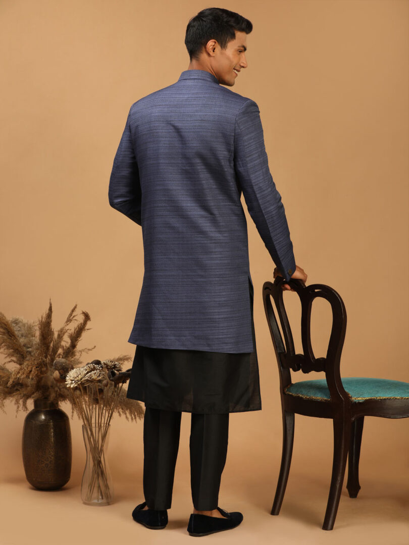 Men's Black And Navy Blue Viscose Sherwani Set