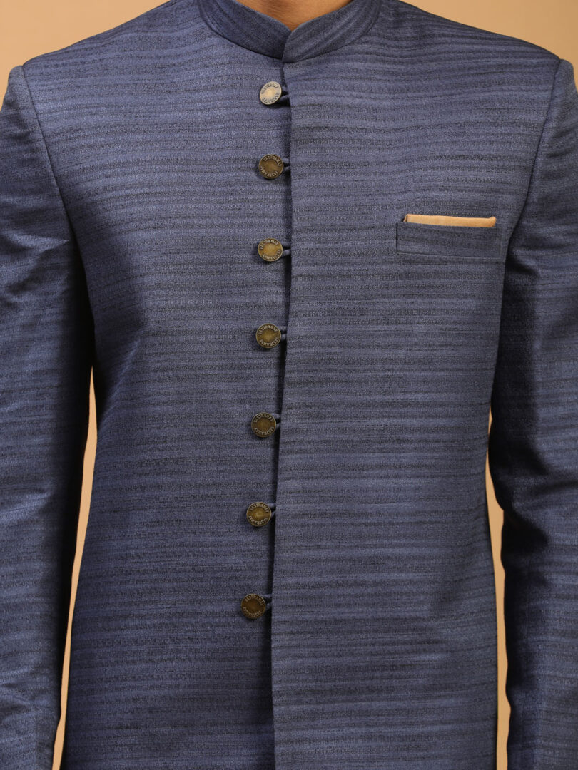 Men's Black And Navy Blue Viscose Sherwani Set