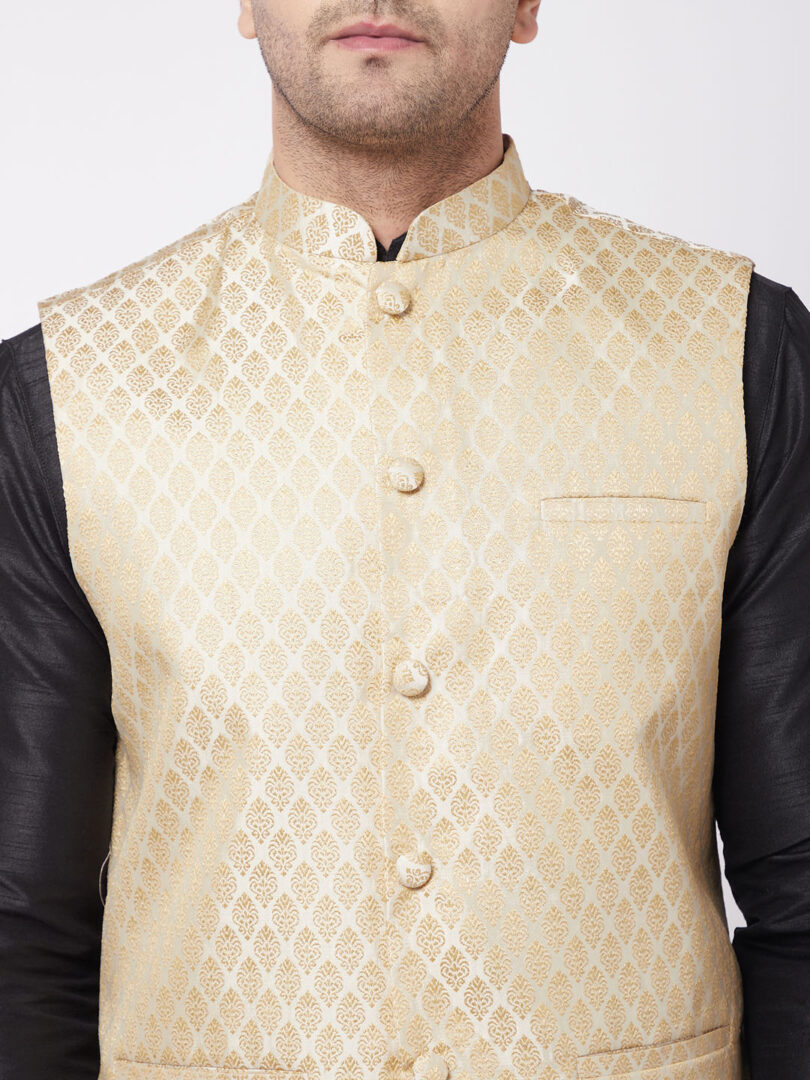 Men's Cream And Black Silk Blend Jacket, Kurta and Dhoti Set