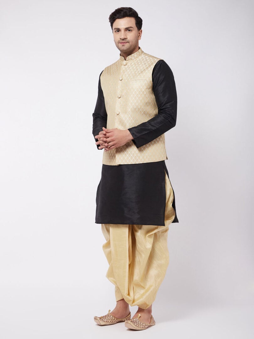 Men's Black,Cream And Gold Silk Blend Jacket, Kurta and Dhoti Set