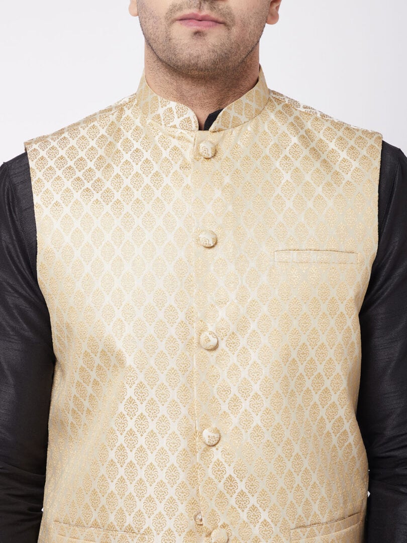 Men's Black,Cream And Gold Silk Blend Jacket, Kurta and Dhoti Set
