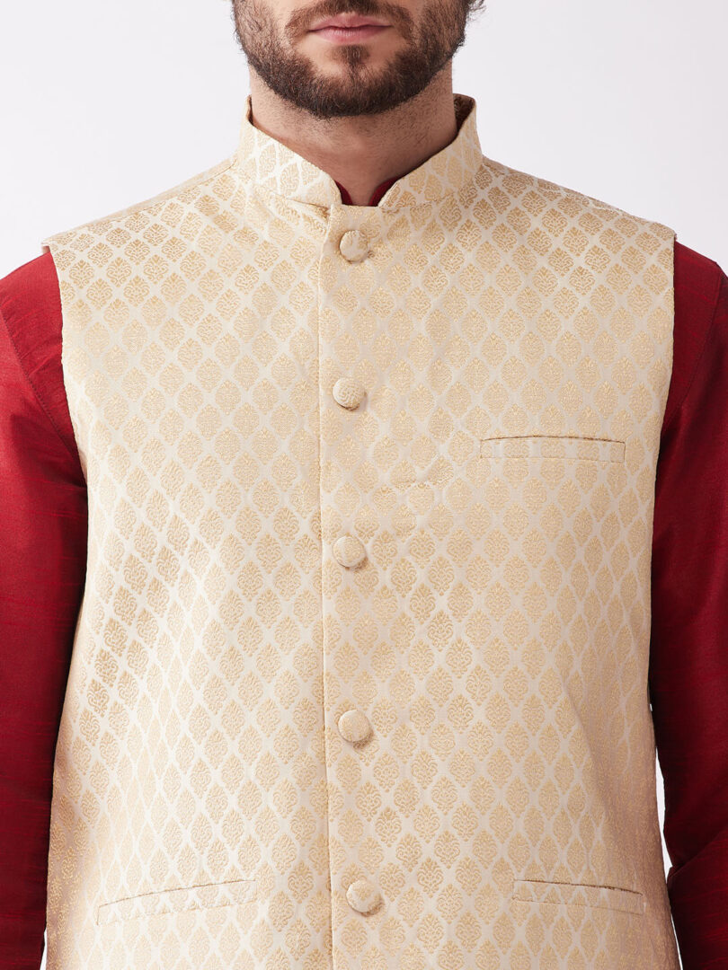 Men's Maroon,Cream and Gold Silk Blend Jacket, Kurta and Dhoti Set