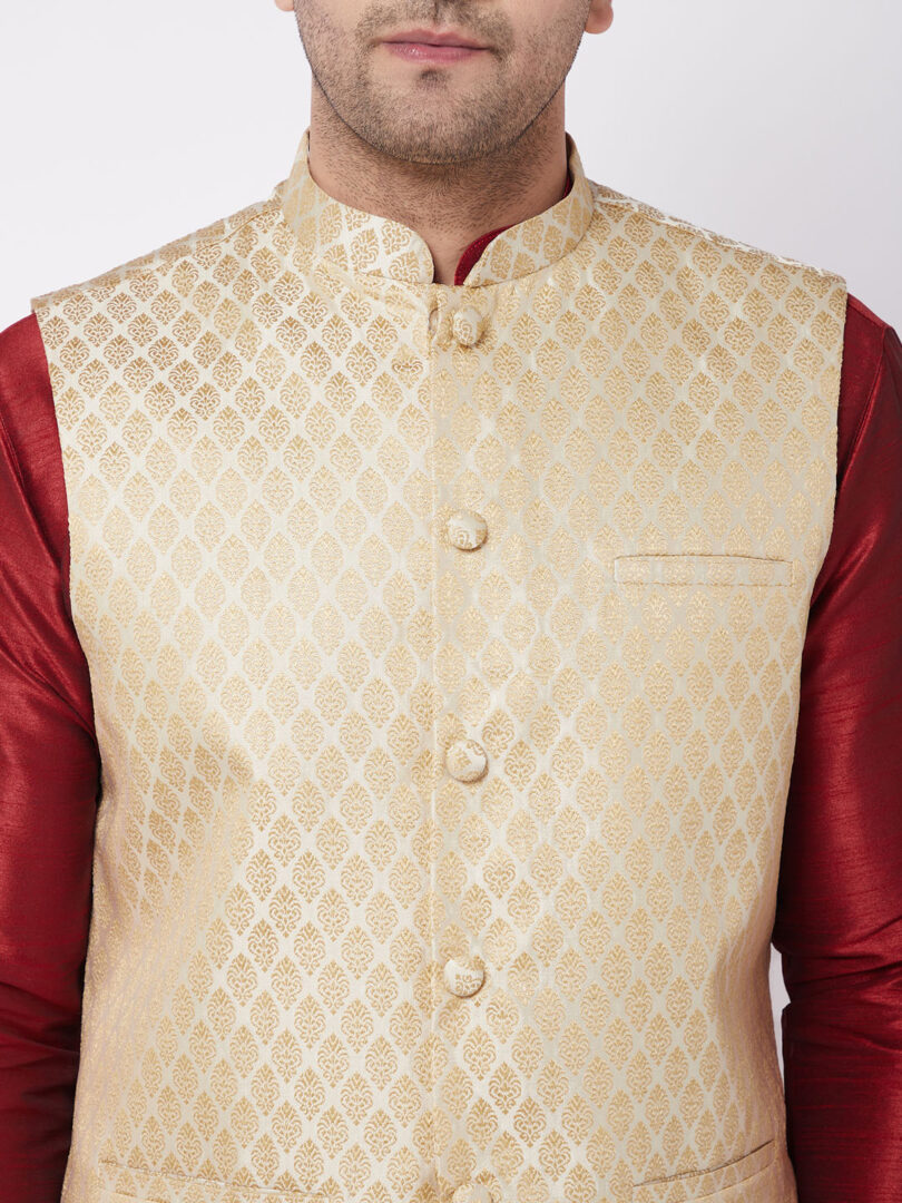 Men's Cream And Maroon Silk Blend Jacket, Kurta and Dhoti Set