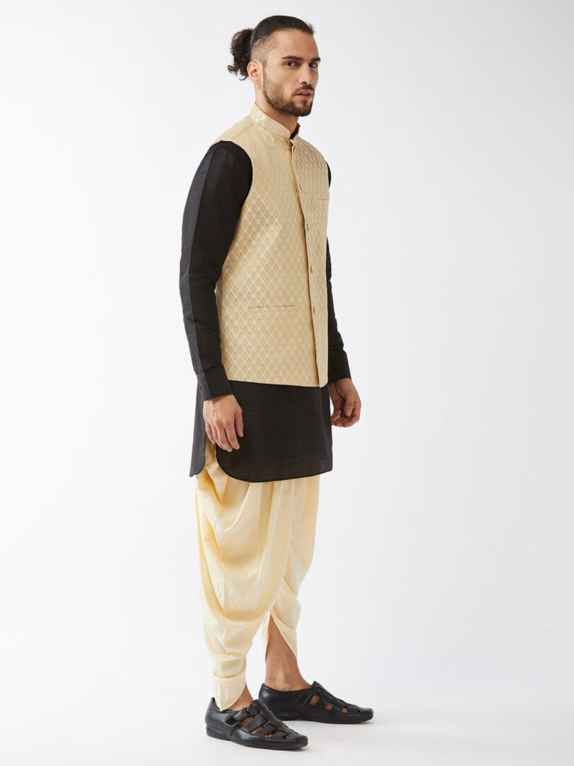Men's Black, Cream And Gold Silk Blend Jacket, Kurta and Dhoti Set
