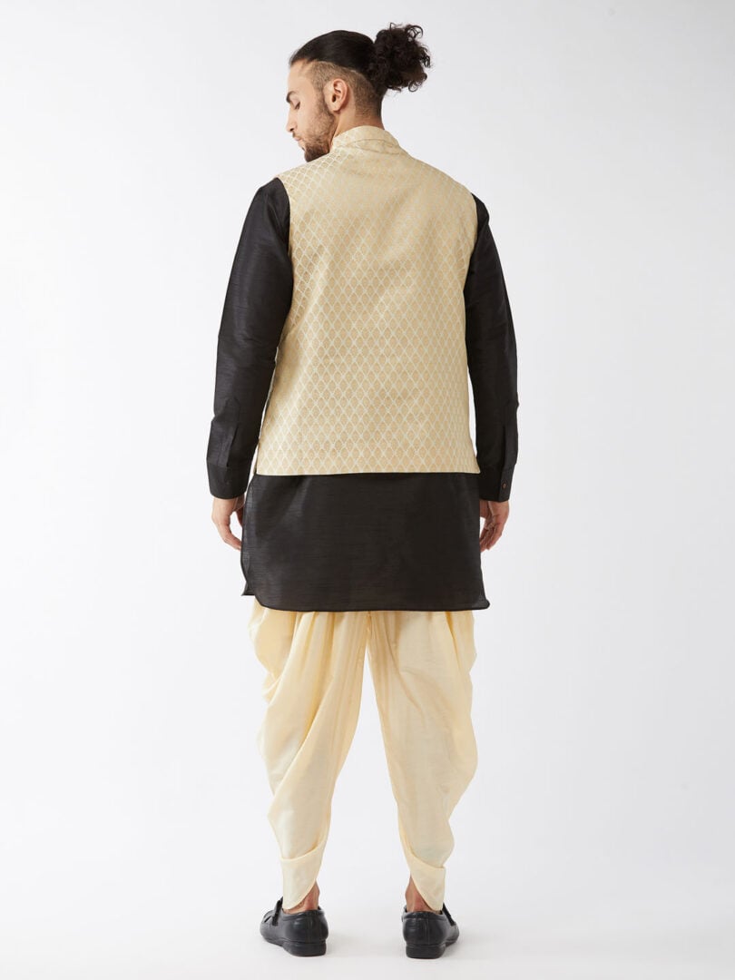 Men's Black, Cream And Gold Silk Blend Jacket, Kurta and Dhoti Set
