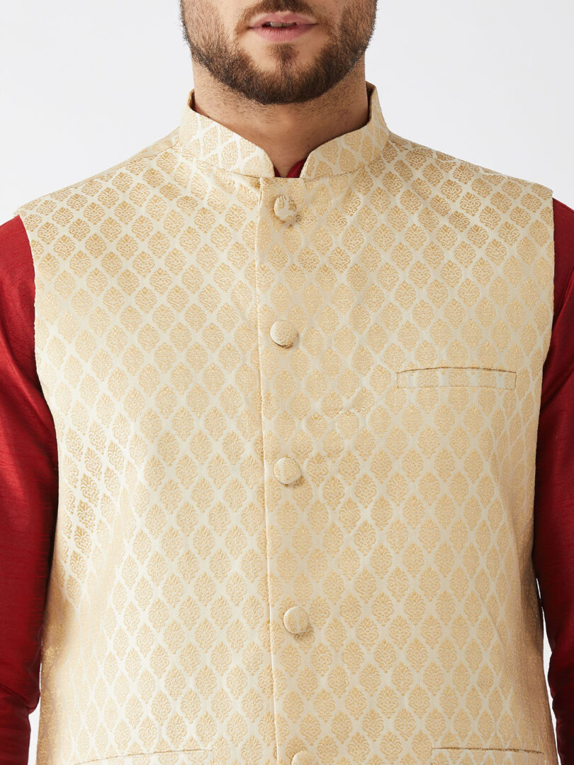 Men's Maroon, Cream And Gold Silk Blend Jacket, Kurta and Dhoti Set