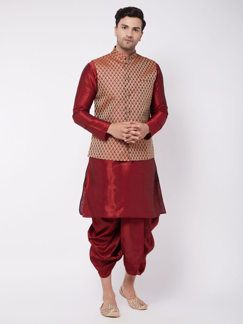 Men's Maroon Silk Blend Jacket, Kurta and Dhoti Set