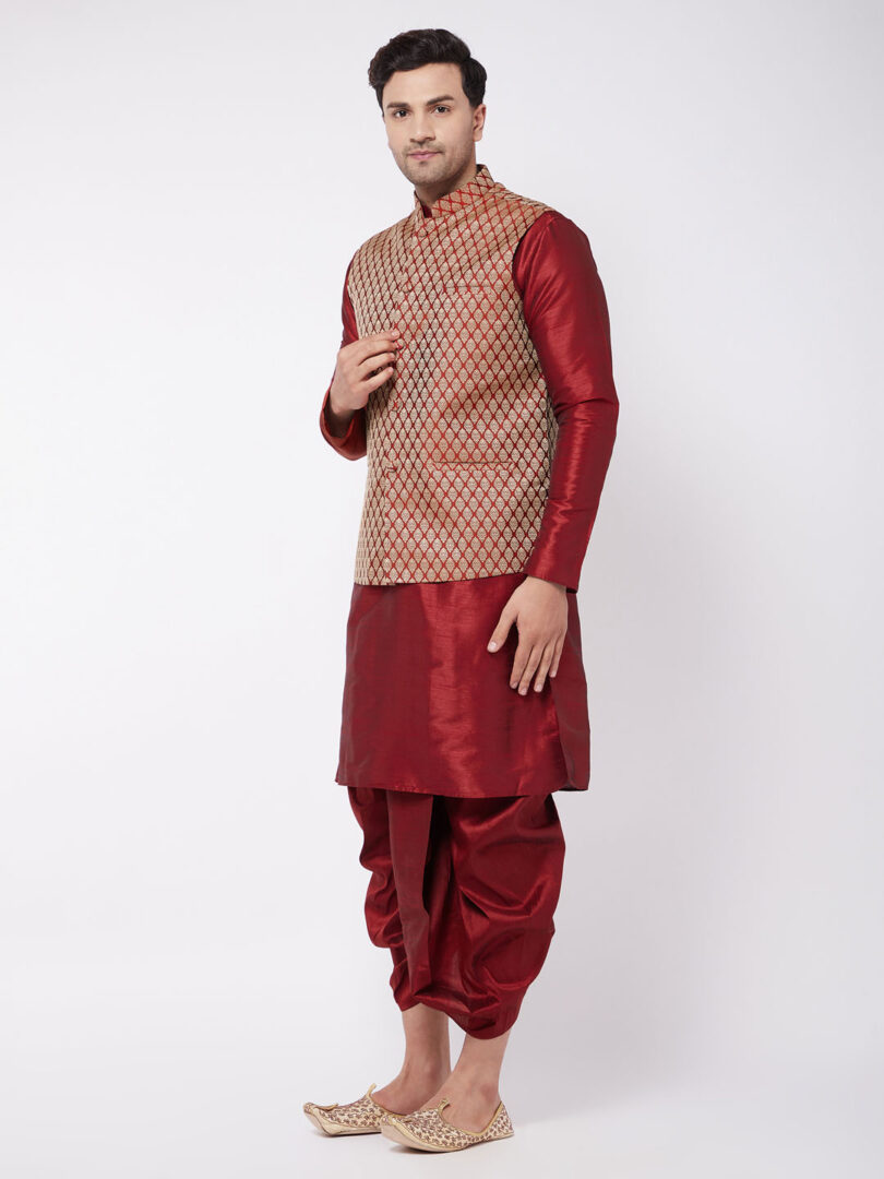 Men's Maroon Silk Blend Jacket, Kurta and Dhoti Set