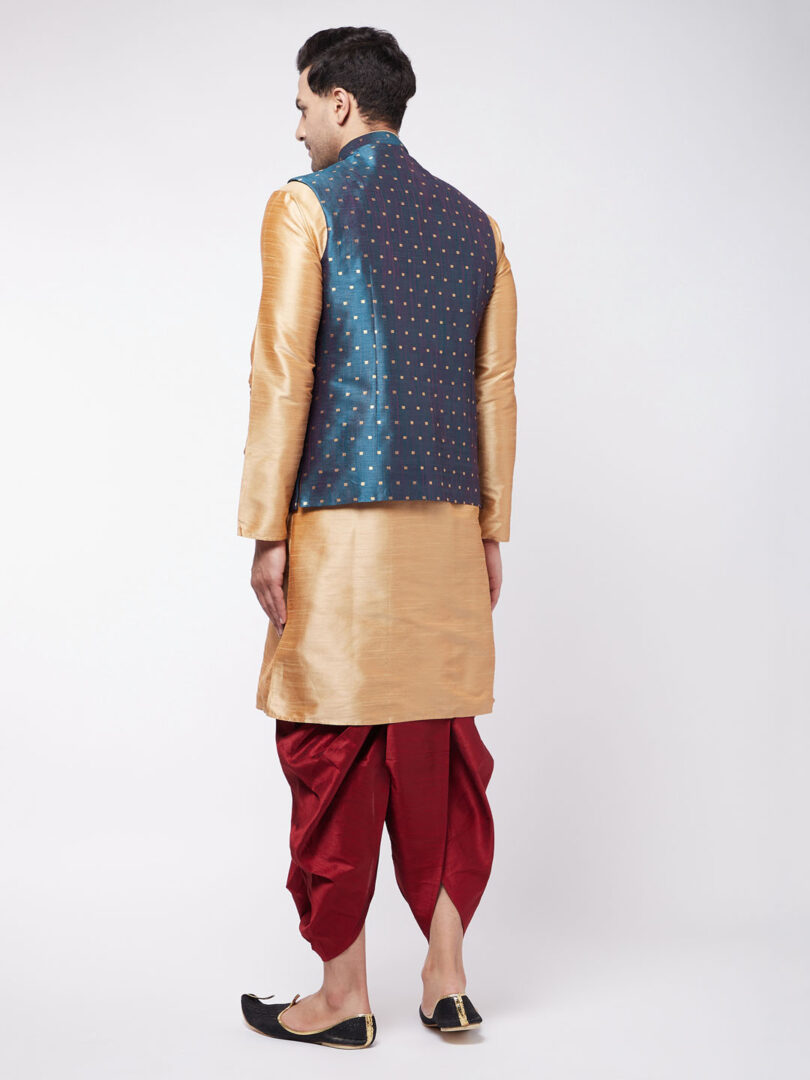 Men's Rose Gold,Blue And Maroon Silk Blend Jacket, Kurta and Dhoti Set