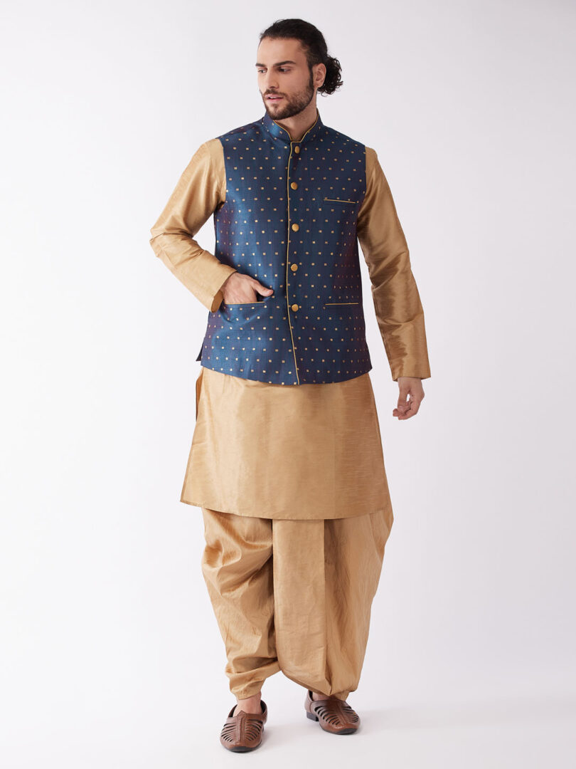 Men's Rose Gold And Blue Silk Blend Jacket, Kurta and Dhoti Set