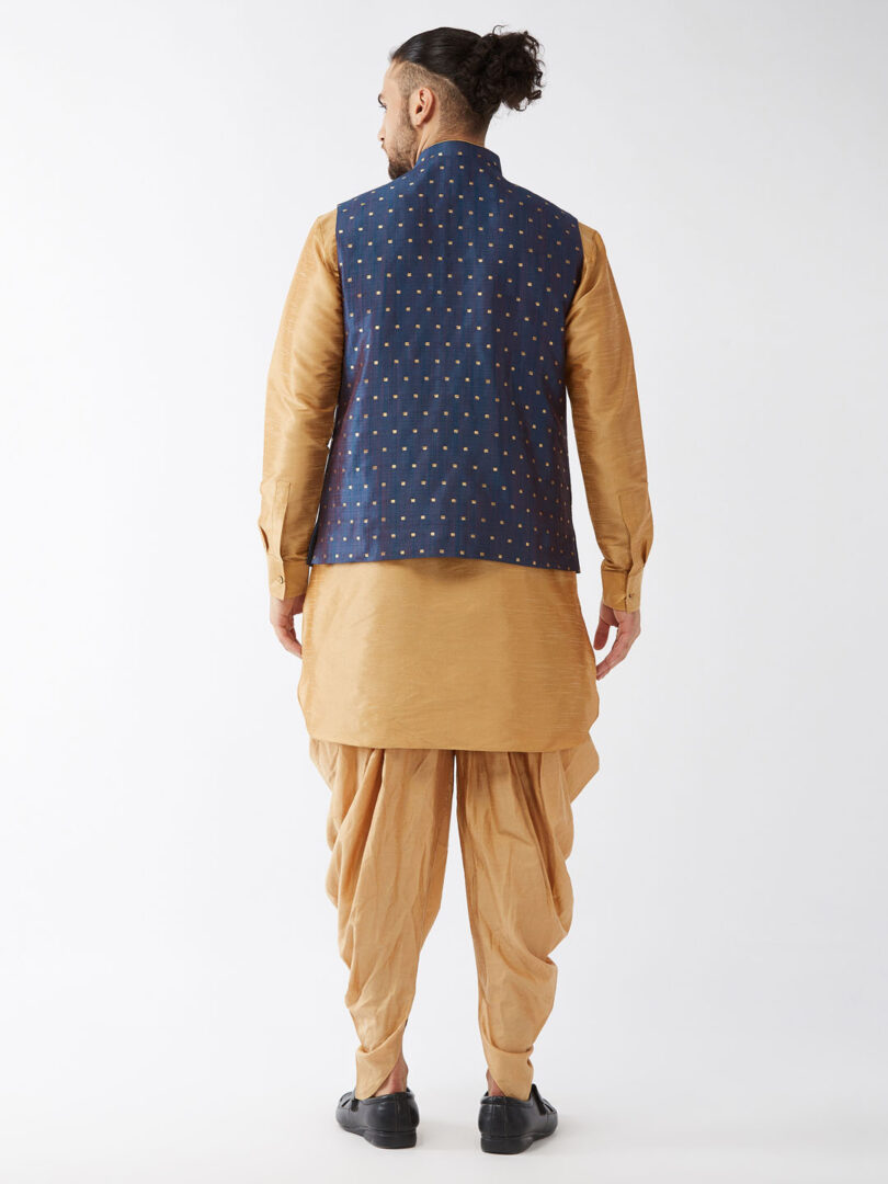 Men's Rose Gold And Blue Silk Blend Jacket, Kurta and Dhoti Set