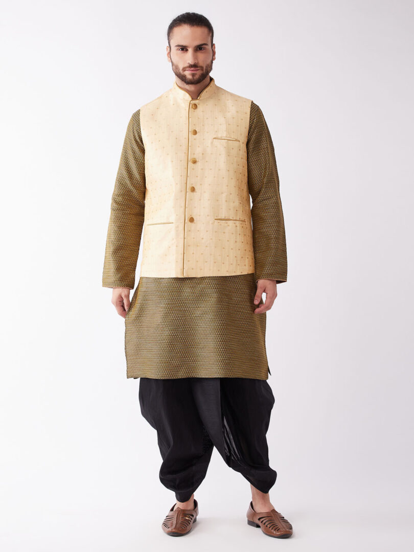 Men's Gold And Black Silk Blend Jacket, Kurta and Dhoti Set