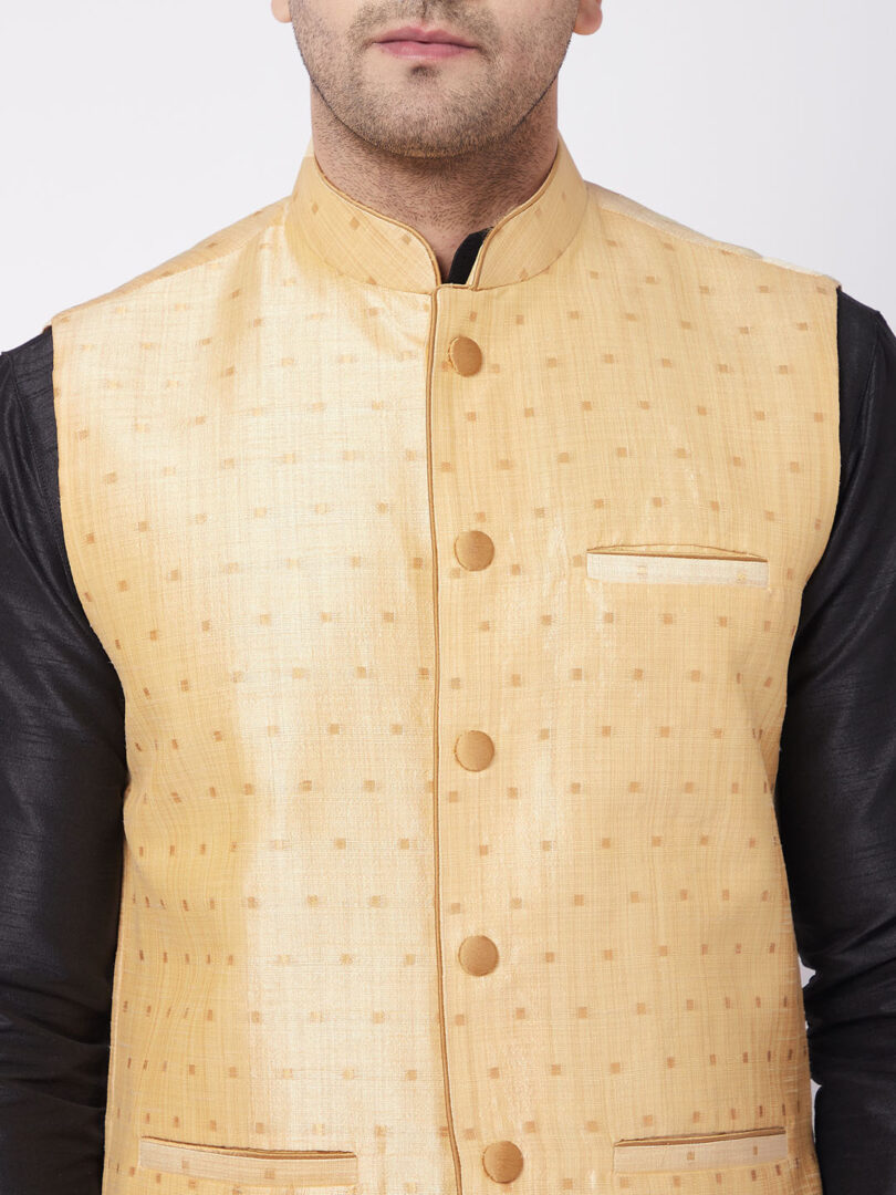 Men's Gold And Black Silk Blend Jacket, Kurta and Dhoti Set