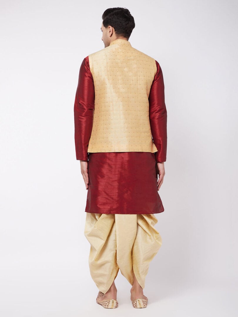 Men's Maroon And Gold Silk Blend Jacket, Kurta and Dhoti Set