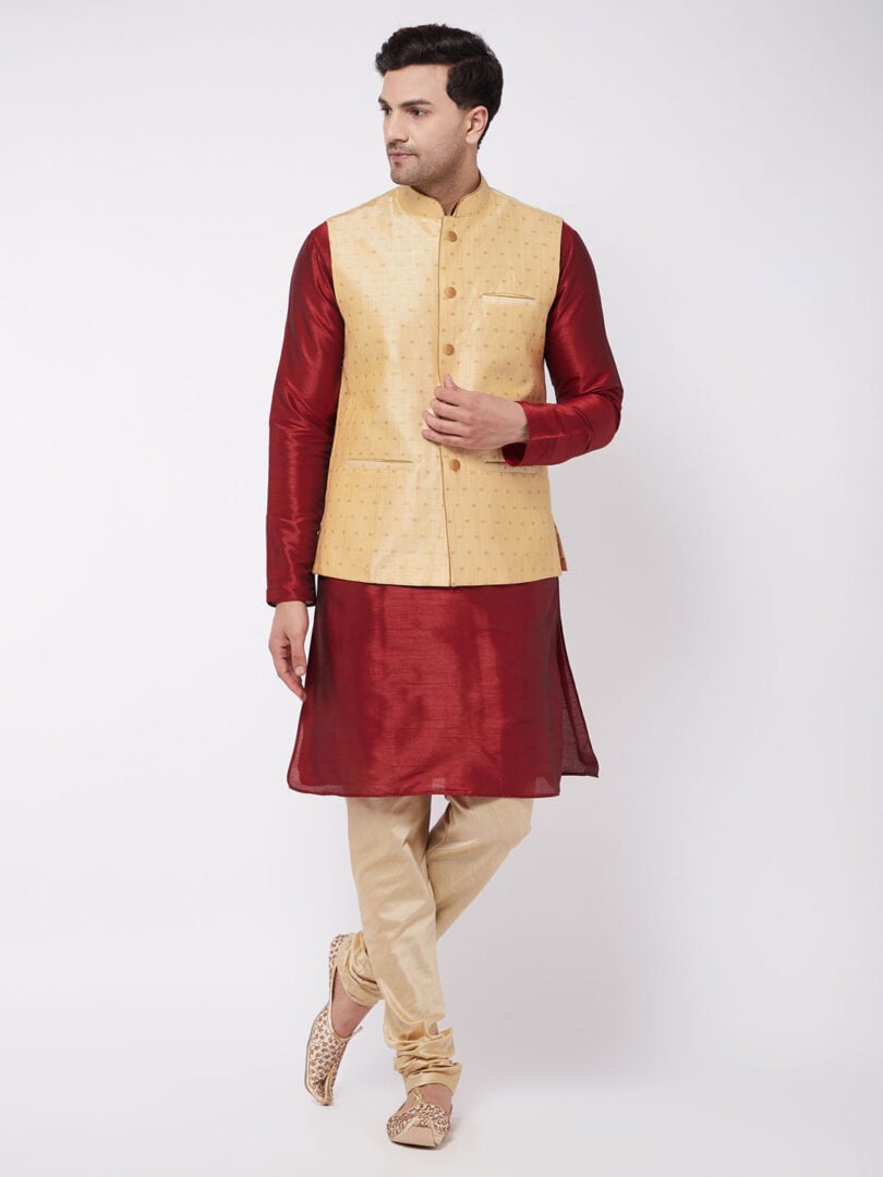 Men's Maroon, Gold And Rose Gold Silk Blend Jacket, Kurta and Pyjama Set