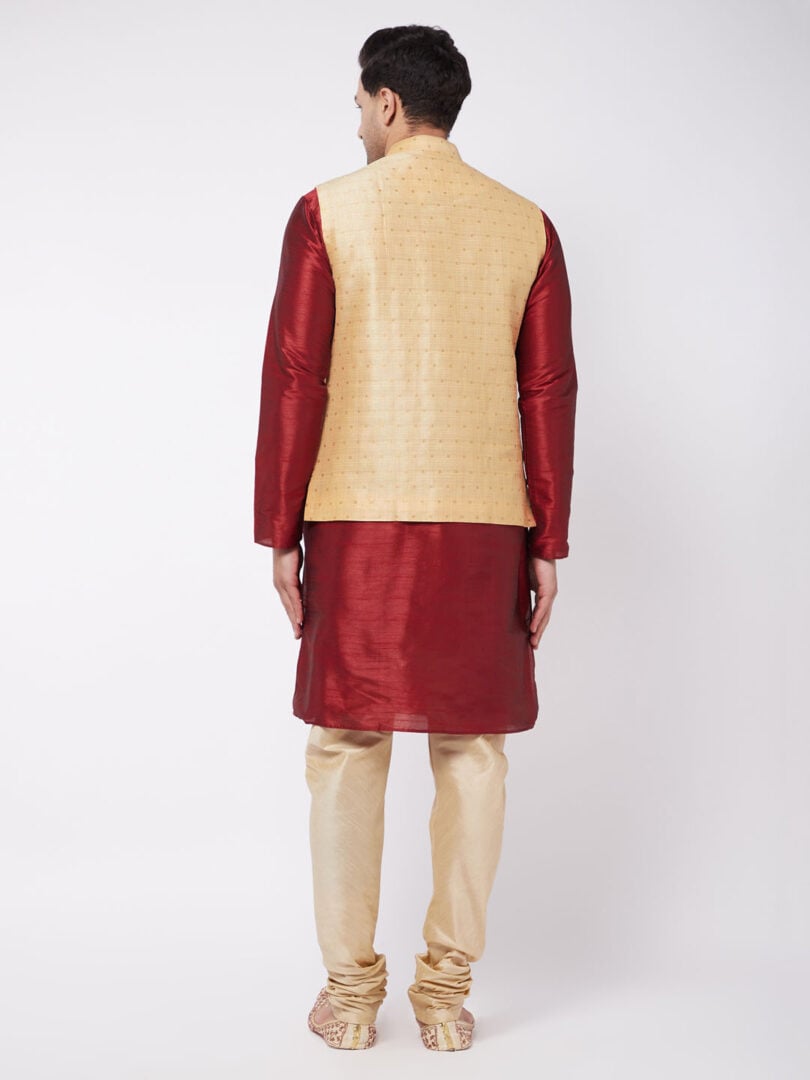 Men's Maroon, Gold And Rose Gold Silk Blend Jacket, Kurta and Pyjama Set