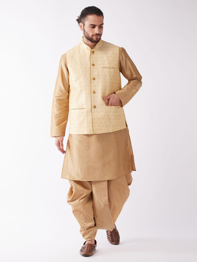 Men's Rose Gold Silk Blend Jacket, Kurta and Dhoti Set