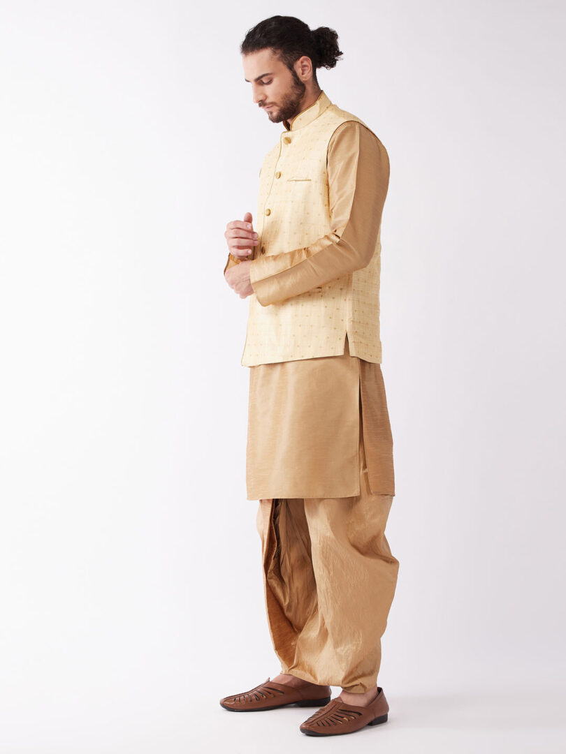 Men's Rose Gold Silk Blend Jacket, Kurta and Dhoti Set