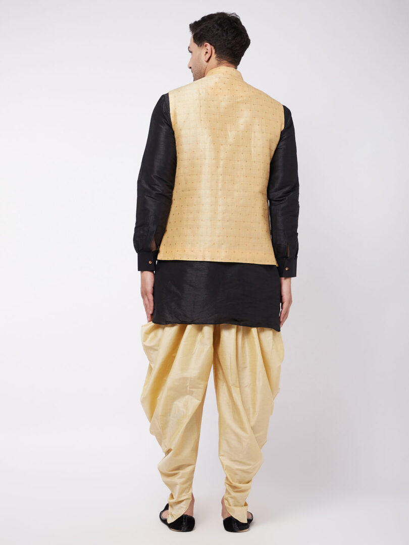 Men's Black And Gold Silk Blend Jacket, Kurta and Dhoti Set