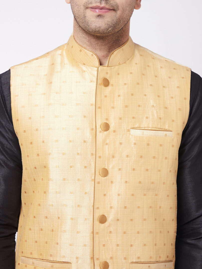 Men's Black And Gold Silk Blend Jacket, Kurta and Dhoti Set