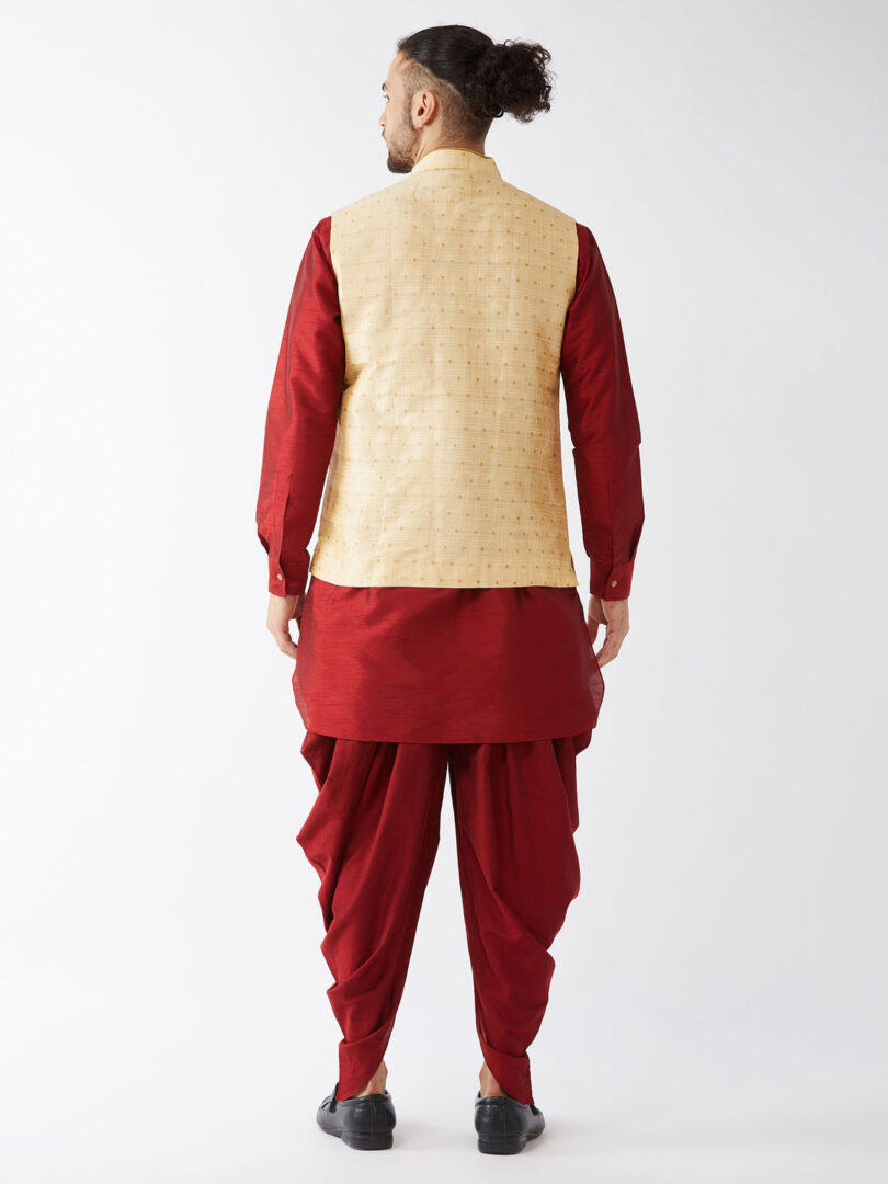Men's Maroon And Gold Silk Blend Jacket, Kurta and Dhoti Set