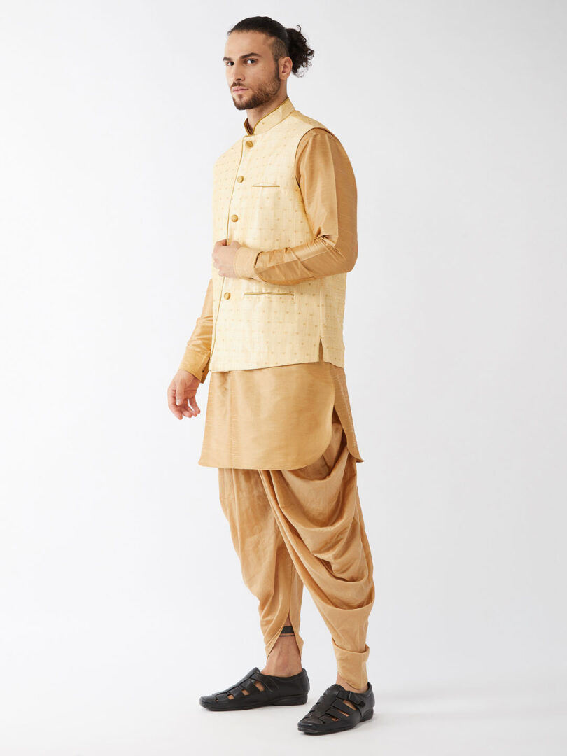 Men's Rose Gold And Gold Silk Blend Jacket, Kurta and Dhoti Set