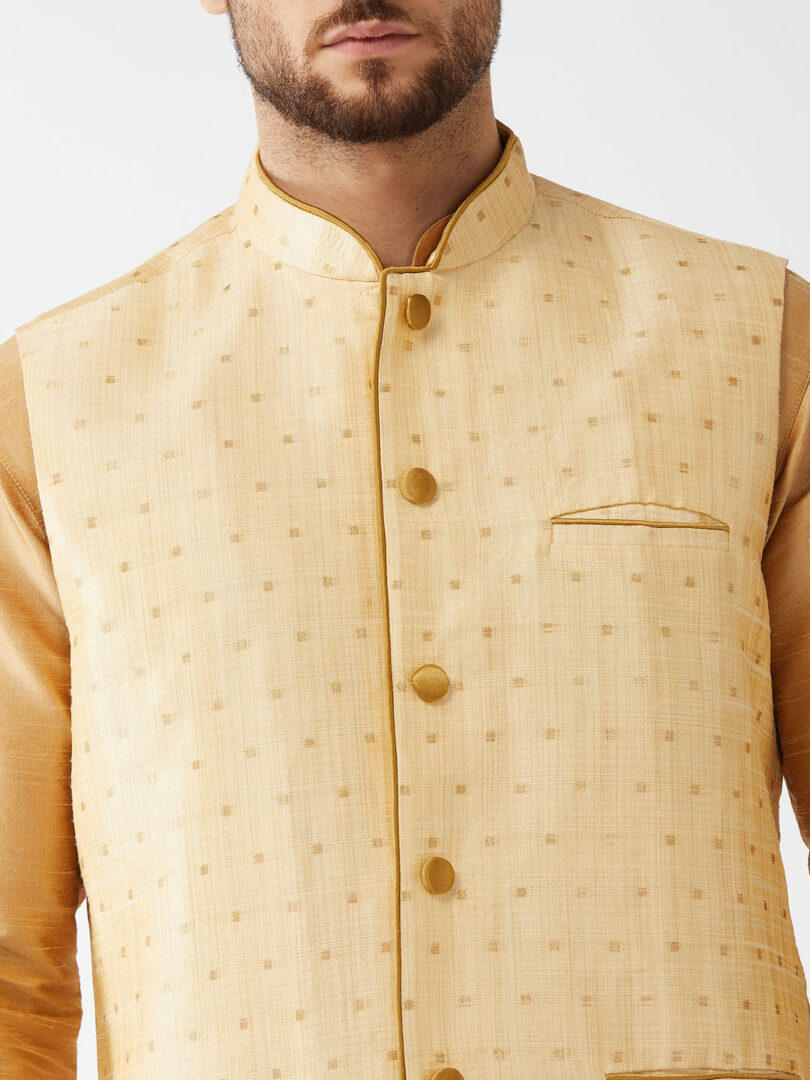 Men's Rose Gold And Gold Silk Blend Jacket, Kurta and Dhoti Set
